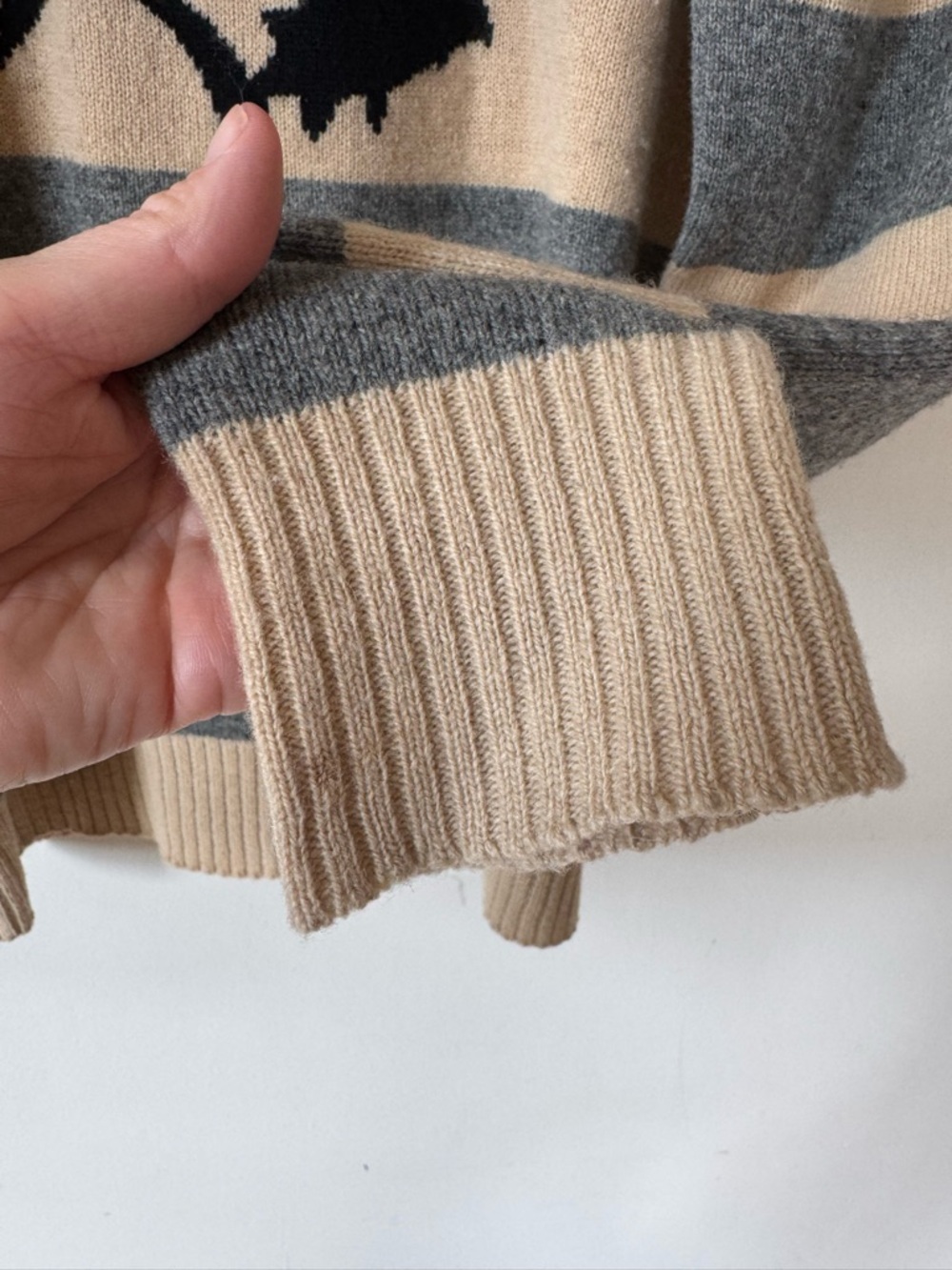 Burro London Camel and Gray Striped Lambswool Shark Crewneck Sweater L - Picture 5 of 7